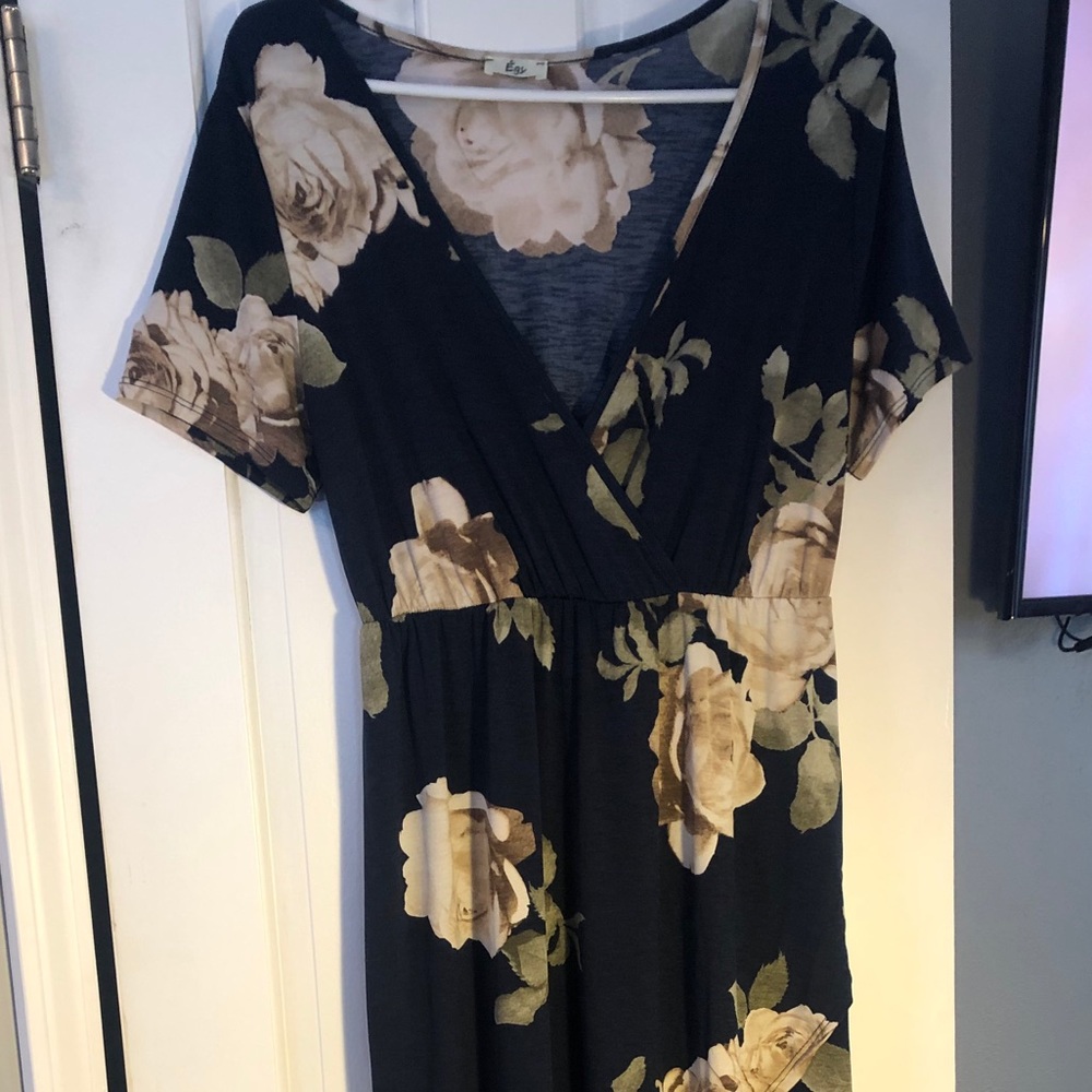 Navy floral, high low, faux wrap dress
